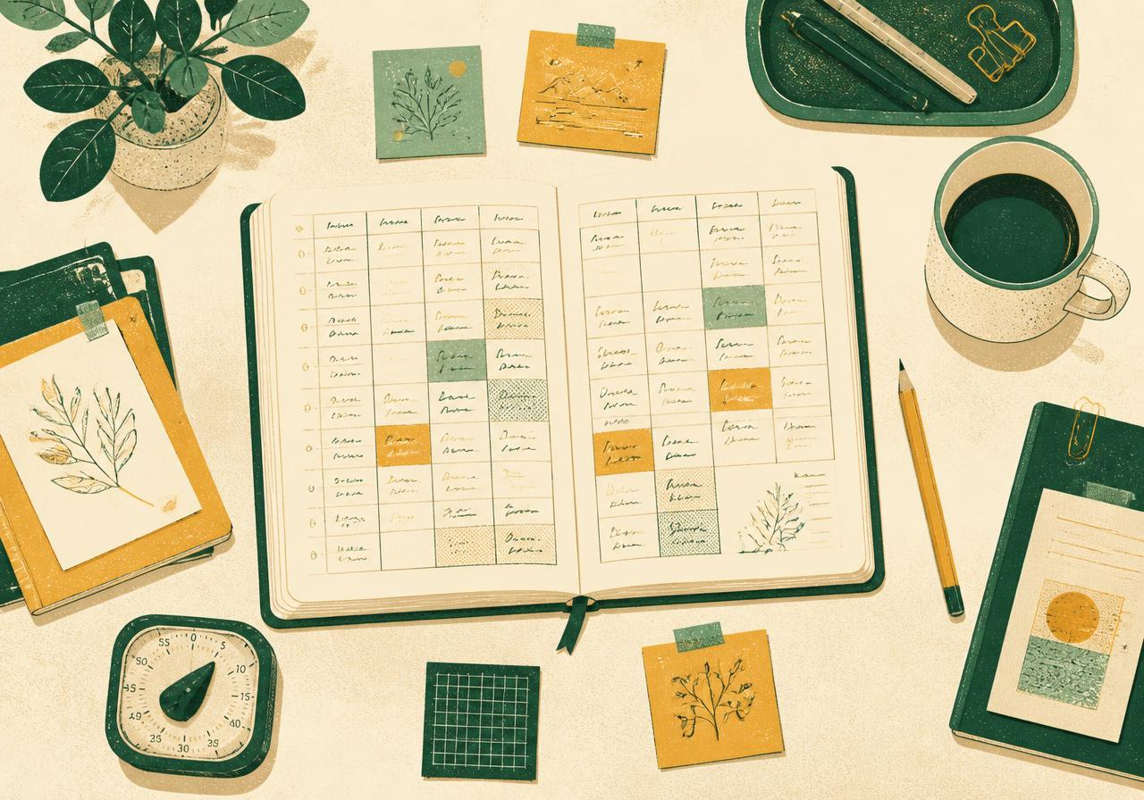 Il·lustració d'un escriptori d'estudi amb agenda, temporitzador i notes